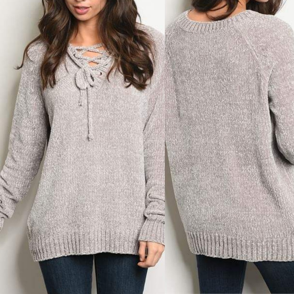 Glisten Powder Gray Chenille Lace Up Sweater